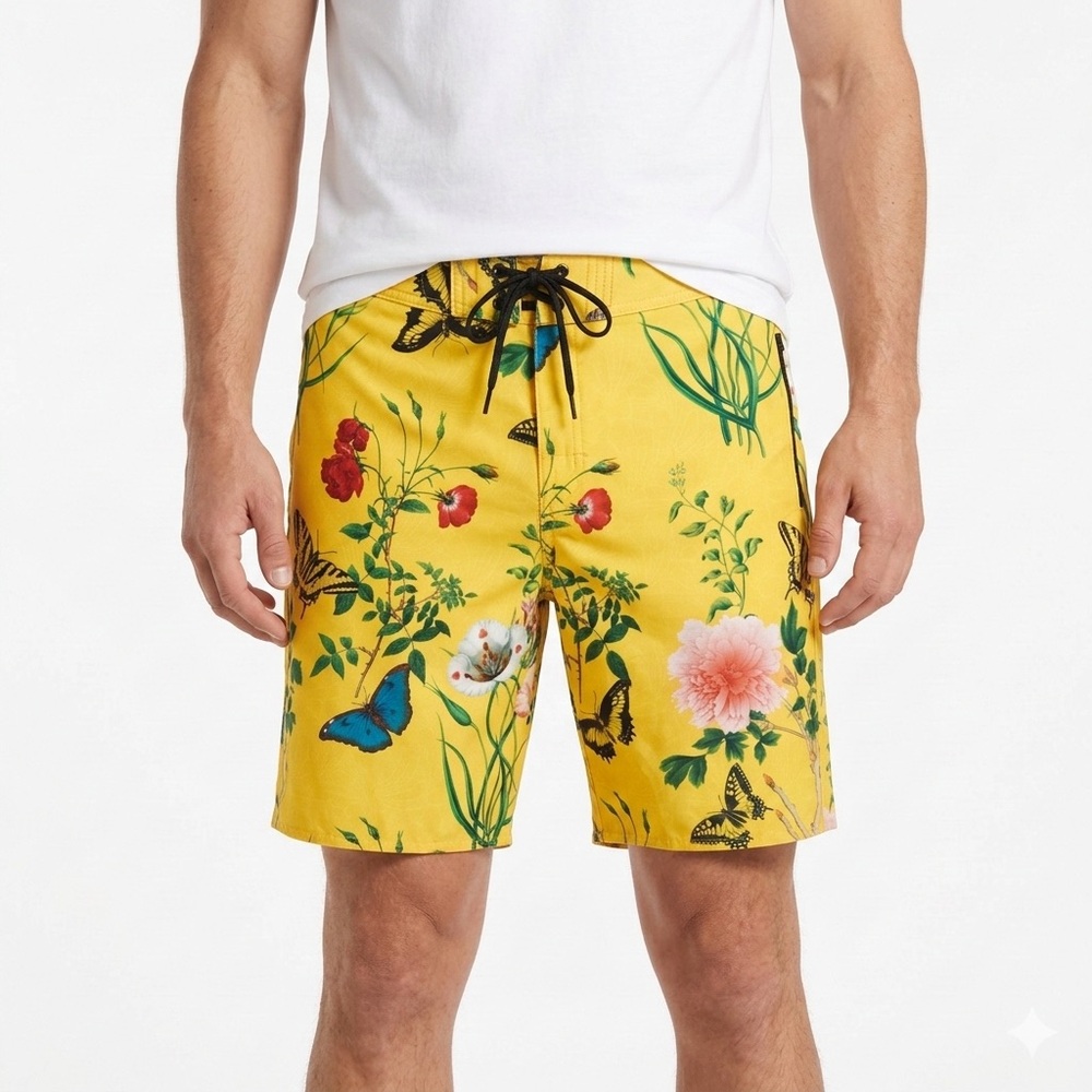 Old Bull Lee Men’s Surf Board Shorts Floral Butterfly Yellow Size 33